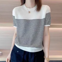 ZANZEA Women Summer T Shirt Vintage Striped Short Sleeve Tee Korean Fashion Round Neck Patchwork Tunics Casual Knitted Tops
