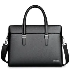 Men's Business Leather Briefcase Solid Simple Fashion 14'' Laptop Handbag Waterproof Large Capacity Shoulder Crossbody Bag