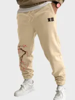 Mens Japanese Cherry Blossoms Print Loose Drawstring Waist Sweatpants