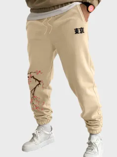 Mens Japanese Cherry Blossoms Print Loose Drawstring Waist Sweatpants