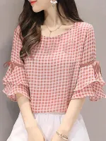 Ekose Düğümlü Patchwork Fırfır Kol Yuvarlak Yaka Bluz