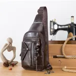 BULLCAPTAINN Genuine Leather Men's Chest Bag with Phone Holder Multi-Layer Large Capacity Shoulder Pack Travel Outdoor Comfy Wide Strap Messenger Bag
