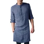 INCERUN Men Islamic Thobe Kaftan Knee Length Maxi Tunic Shirts Gown Stand Collar Long Sleeve Mid Long Casual Shirts
