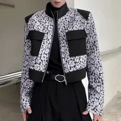 INCERUN - Chaqueta corta con estampado floral y cuello alto para hombre, talla grande S-5XL