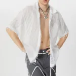 INCERUN Mens Shirts Fringed Chiffon White Shirt V-neck Lapel Short Sleeve Shirt Solid Color Men Clothing
