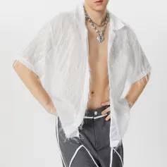 INCERUN Mens Shirts Fringed Chiffon White Shirt V-neck Lapel Short Sleeve Shirt Solid Color Men Clothing