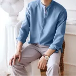 INCERUN Men Breathable Stand-up Collar Silky Solid Color Shirts