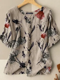 Blusa casual com estampa floral e botões frontais, manga curta e gola redonda