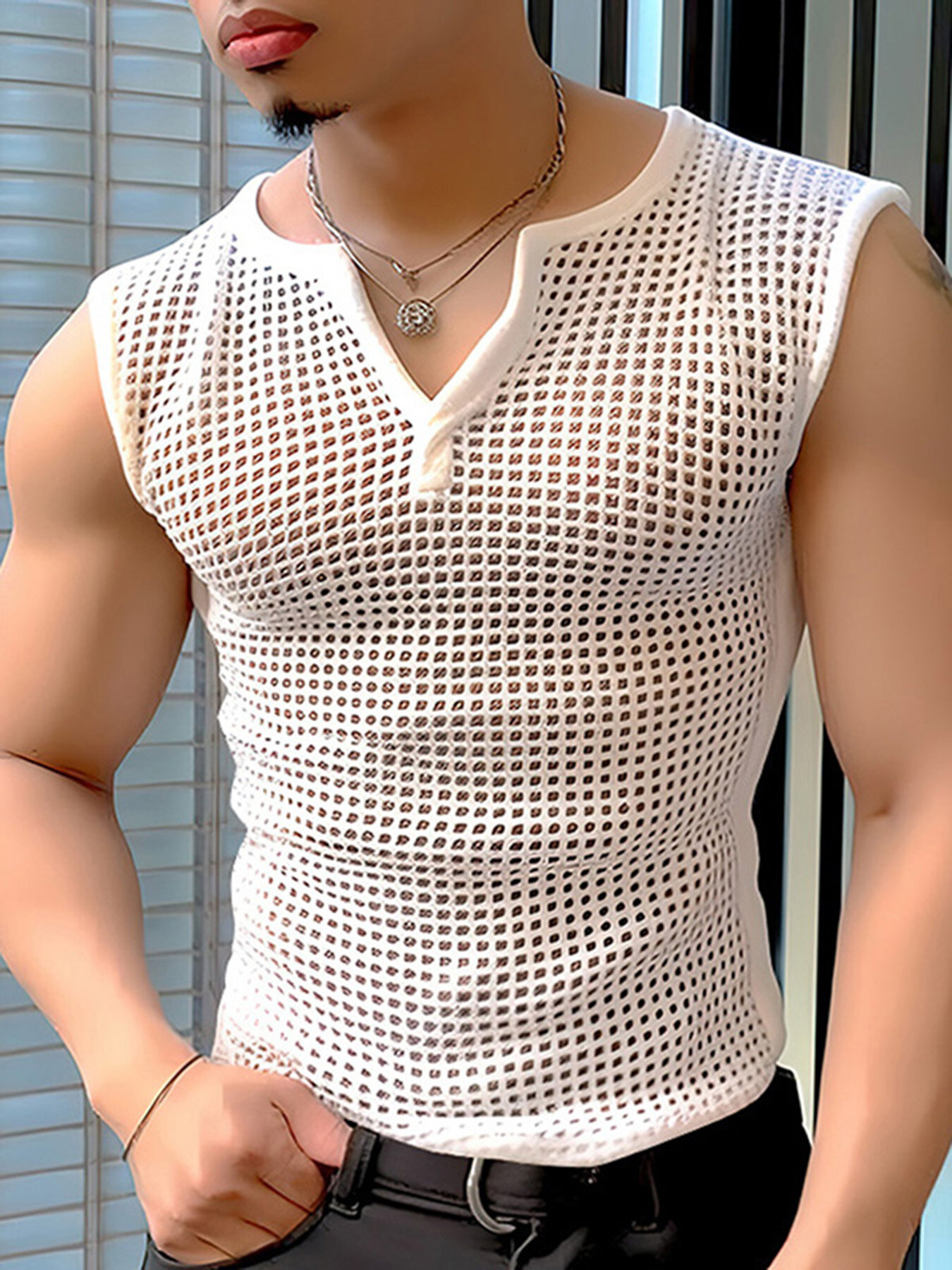 INCERUN Mens Tank Top Fashion V-neck Hollow Out Mesh Fabric Men Tops Clothing