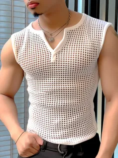 INCERUN Mens Tank Top Fashion V-neck Hollow Out Mesh Fabric Men Tops Clothing