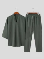 INCERUN Mens Sets 3/4 Short Sleeve Shirt & Pants Two Pieces Set Loose Daily Men's Casual Suits