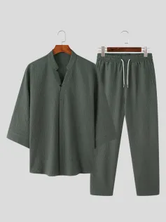 INCERUN Mens Sets 3/4 Short Sleeve Shirt & Pants Two Pieces Set Loose Daily Men's Casual Suits