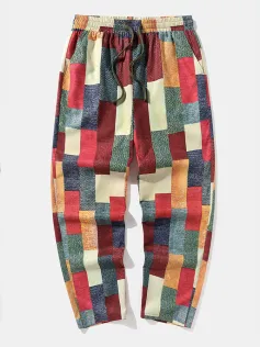 Mens Color Block Patchwork Drawstring Waist Straight Pants