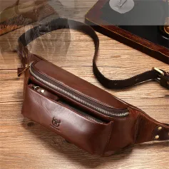 BULLCAPTAIN Men's Genuine Leather Fanny Bag Adjustable Strap Waist Bag Retro Crossbody Chest Bag