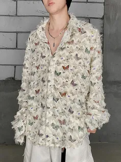 INCERUN Mens Shirt Butterflies Print Tassel Shirts Fashion Party Long Sleeve Lapel Top Summer Casual Male Clothing Shirts