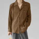INCERUN Men's Casual Shirt Solid Color Long Sleeve Lapel Collar Button-Down Daily Shirt with Single Color Stripes, Loose Fit