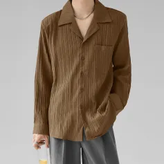 INCERUN Men's Casual Shirt Solid Color Long Sleeve Lapel Collar Button-Down Daily Shirt with Single Color Stripes, Loose Fit