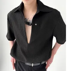 INCERUN Mens Shirt Solid Color Slightly Transparent Lapel Shirt Casual Short Sleeve Breathable Top Summer Daily Male Clothing