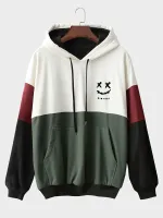ChArmkpR Mens Smile Print Color Block Patchwork Kangaroo Pocket Hoodies Winter