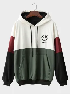 ChArmkpR Mens Smile Print Color Block Patchwork Kangaroo Pocket Hoodies Winter