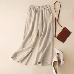 ZANZEA Women Cotton Elastic Waist Solid Color Long Pants Casual Loose Straight Trousers