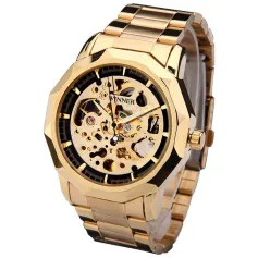 Mada visiškai automatinis mechaninis skeletas Vyriškas laikrodis Retro išskirtinis ciferblatas Auksinio plieno juostos rankinis laikrodis