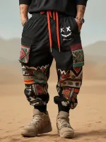 ChArmkpR Mens Pant Smile Ethnic Geometric Print Patchwork Loose Drawstring Trousers
