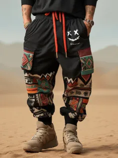 ChArmkpR Mens Pant Smile Ethnic Geometric Print Patchwork Loose Drawstring Trousers
