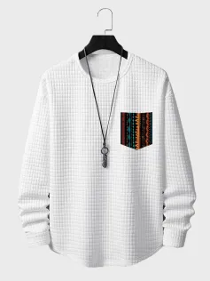 Mens Ethnic Geometric Print Chest Pocket Quilted Curved Hem T-Shirts