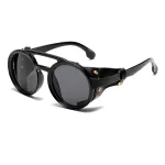 Fashion Punk Retro Polarized Round Sunglasses with Leather Strap Accents UV400 Protection Eyewear Glasses for Outdoor Travel Driving