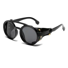 Fashion Punk Retro Polarized Round Sunglasses with Leather Strap Accents UV400 Protection Eyewear Glasses for Outdoor Travel Driving