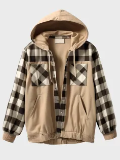 Mens Plaid Patchwork Multi Pocket Casual Hooded Jacket