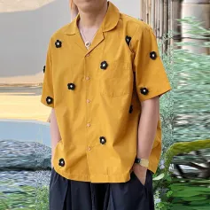 INCERUN Mens Shirts Handmade appliquéd Short-sleeve Shirt Summer Daily Solid Color Lapel Top Shirts