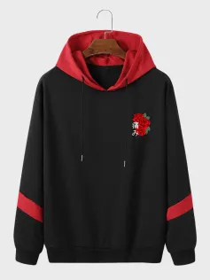 ChArmkpR Mens Japanese Rose Print Contrast Patchwork Drawstring Hoodies