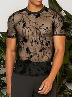 INCERUN Men T-shirts Fashion See-through Embroidered Flowers Mesh T-shirt Summer Mens Top Short Sleeve Streetwear Men Clothing