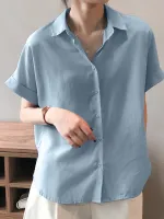 ZANZEA Women Cotton Linen Blouses Solid Button Lapel Roll Sleeve Short Sleeve Casual Shirt Plus Size