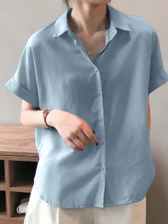 ZANZEA Women Cotton Linen Blouses Solid Button Lapel Roll Sleeve Short Sleeve Casual Shirt Plus Size