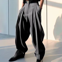 INCERUN Mens Pant Pleated Solid Color Trousers Casual Trendy Korean Pleated Solid Color Casual Pants