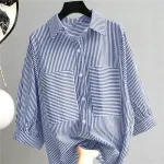ZANZEA Women's Striped Shirt Summer 3/4 Sleeve Lantern Sleeve Front Pockets Casual Blouse Top