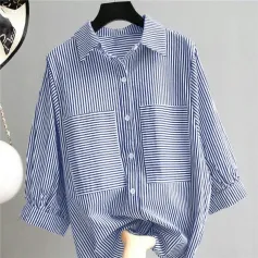 ZANZEA Women's Striped Shirt Summer 3/4 Sleeve Lantern Sleeve Front Pockets Casual Blouse Top