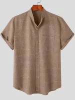 Mens Solid Stand Collar Chest Pocket Short Sleeve Shirt