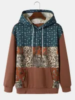 ChArmkpR Mens Ethnic Pattern Patchwork Kangaroo Pocket Drawstring Hoodies