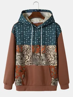 Felpa con cappuccio da uomo ChArmkpR con motivo etnico patchwork e coulisse con tasca a marsupio