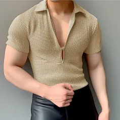 INCERUN Men Shirts Stylish Textured V-Neck Knit Top Japanese and Korean Style Summer Solid Color Casual Top Male Clothing
