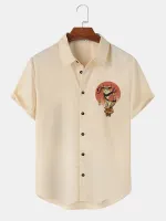 Mens Japanese Warrior Cat Graphic Lapel Short Sleeve Shirts