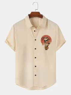 Mens Japanese Warrior Cat Graphic Lapel Short Sleeve Shirts