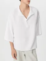INCERUN Mens Shirt Solid Color Stand Collar Shirt Summer Casual Loose Fit Half Long Sleeve Top Men Clothing Shirts