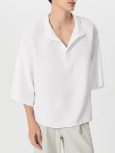 INCERUN Mens Shirt Solid Color Stand Collar Shirt Summer Casual Loose Fit Half Long Sleeve Top Men Clothing Shirts
