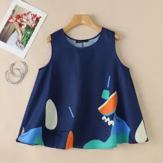 ZANZEA Women Holiday Fashion Round Neck Graphic Printed Tanks Casual Crew Neck A-Line Vests Tops