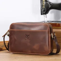 BULLCAPTAIN Men's Genuine Leather Shoulder Bag Retro Large Capacity Travel Bag Crazy Horse Leather Crossbody Bag Messenger Bag